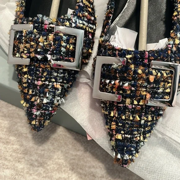 Pointed Toe Multicolor Navy Tweed Flats with Silver Buckle Size 38 #P01 - Picture 5 of 10